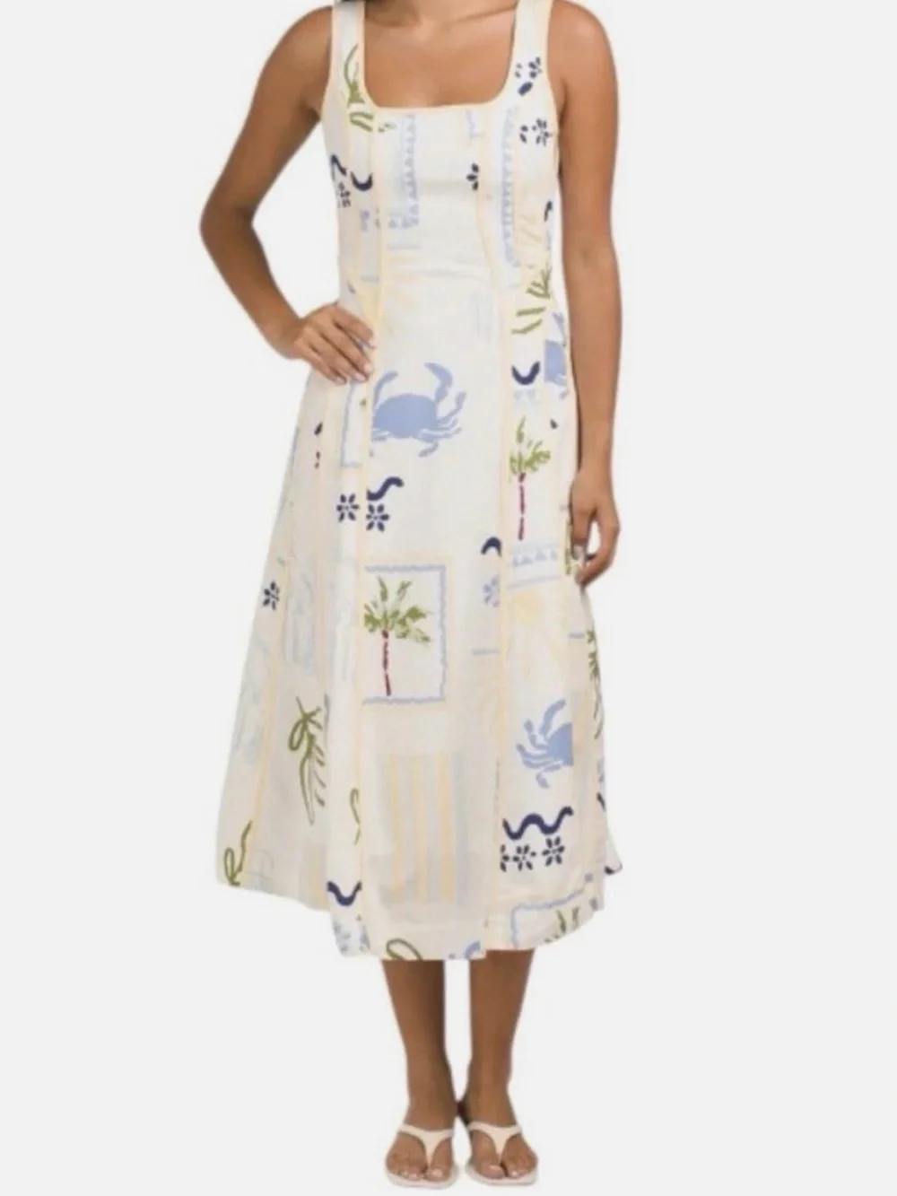 Caroline Constas Cream Midi Dress with Blue Coastal Print and Yellow Piping